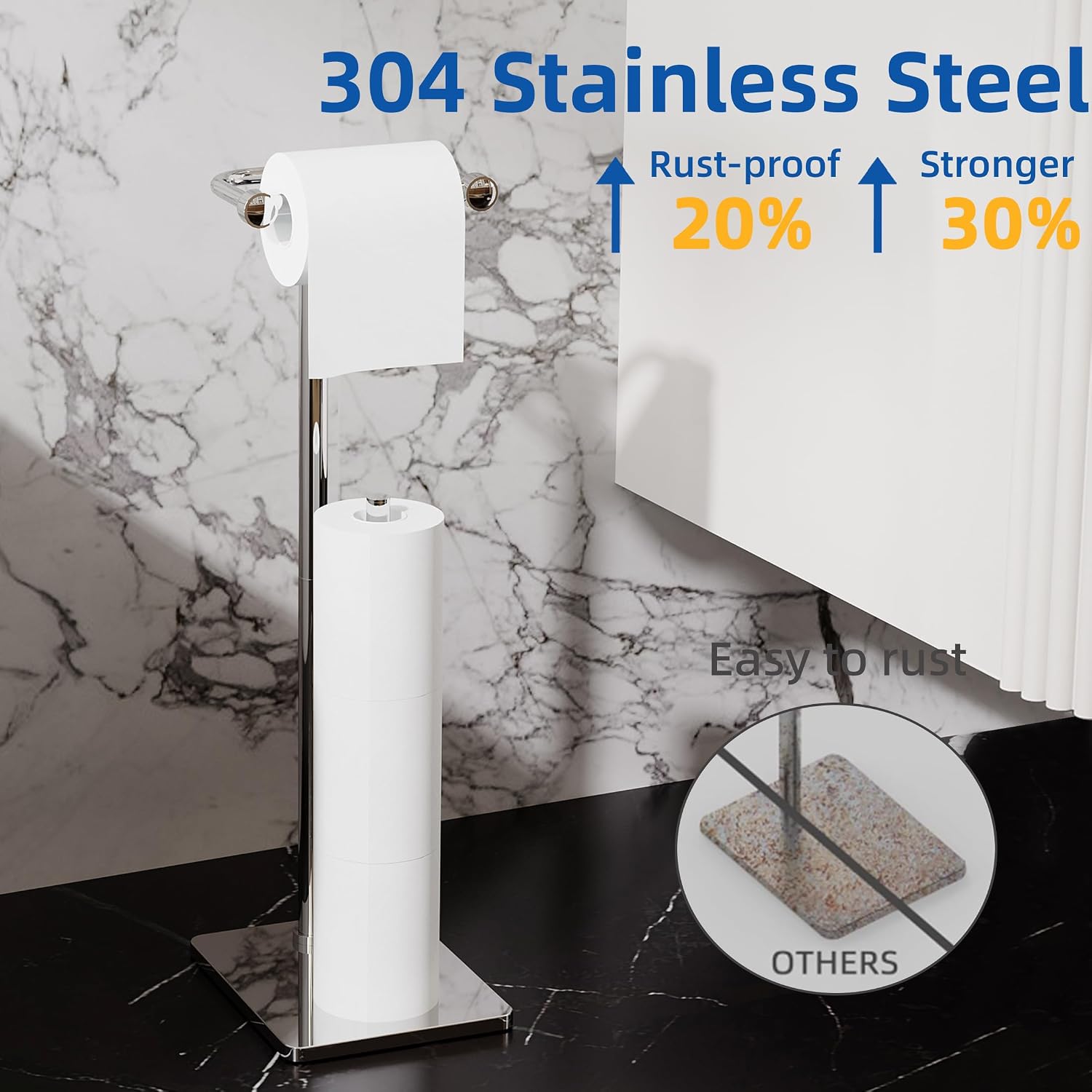 RUACQ Bathroom Toilet Paper Holder Stand with Storage, Chrome | Pivoting Free Standing Toilet Roll Holder, Holds 4