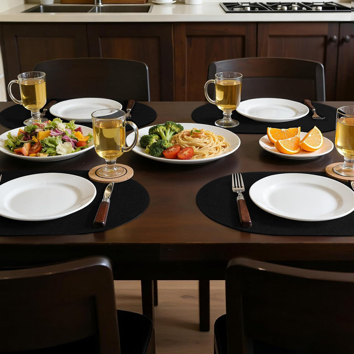 Placemats Set of 8, 11.8 x 17 Inch, Black | Heat Resistant Oval Faux Leather Place Mats, Waterproof Wipeable Reversible