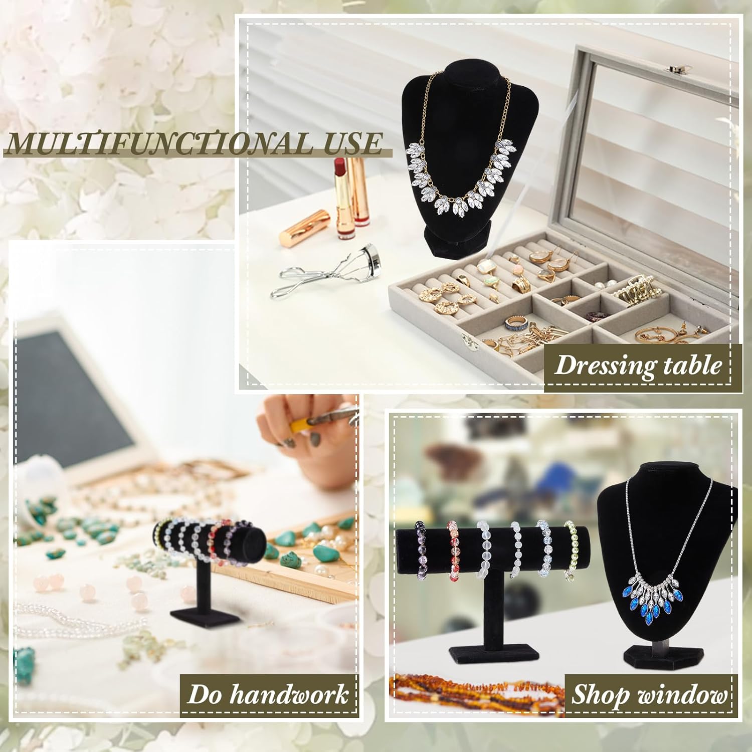 Jewelry Display Set Necklace Display Stand T Bar Bracelet Holder Jewelry / Black / Velvet / Set of 6
