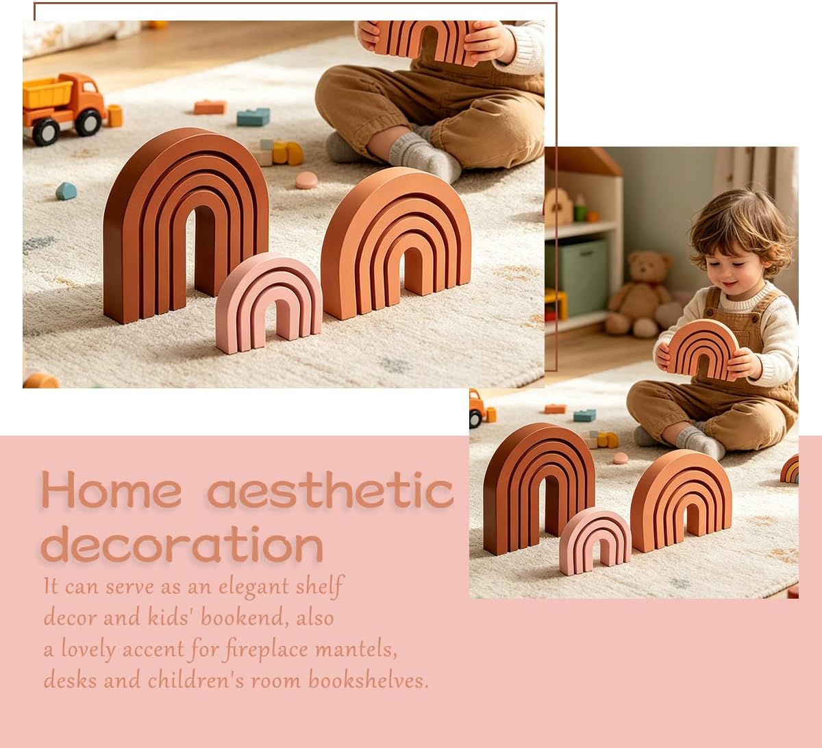 Modern Wooden Rainbow Arch Shelf Table Mantel Bookends / Pink / Set of 3