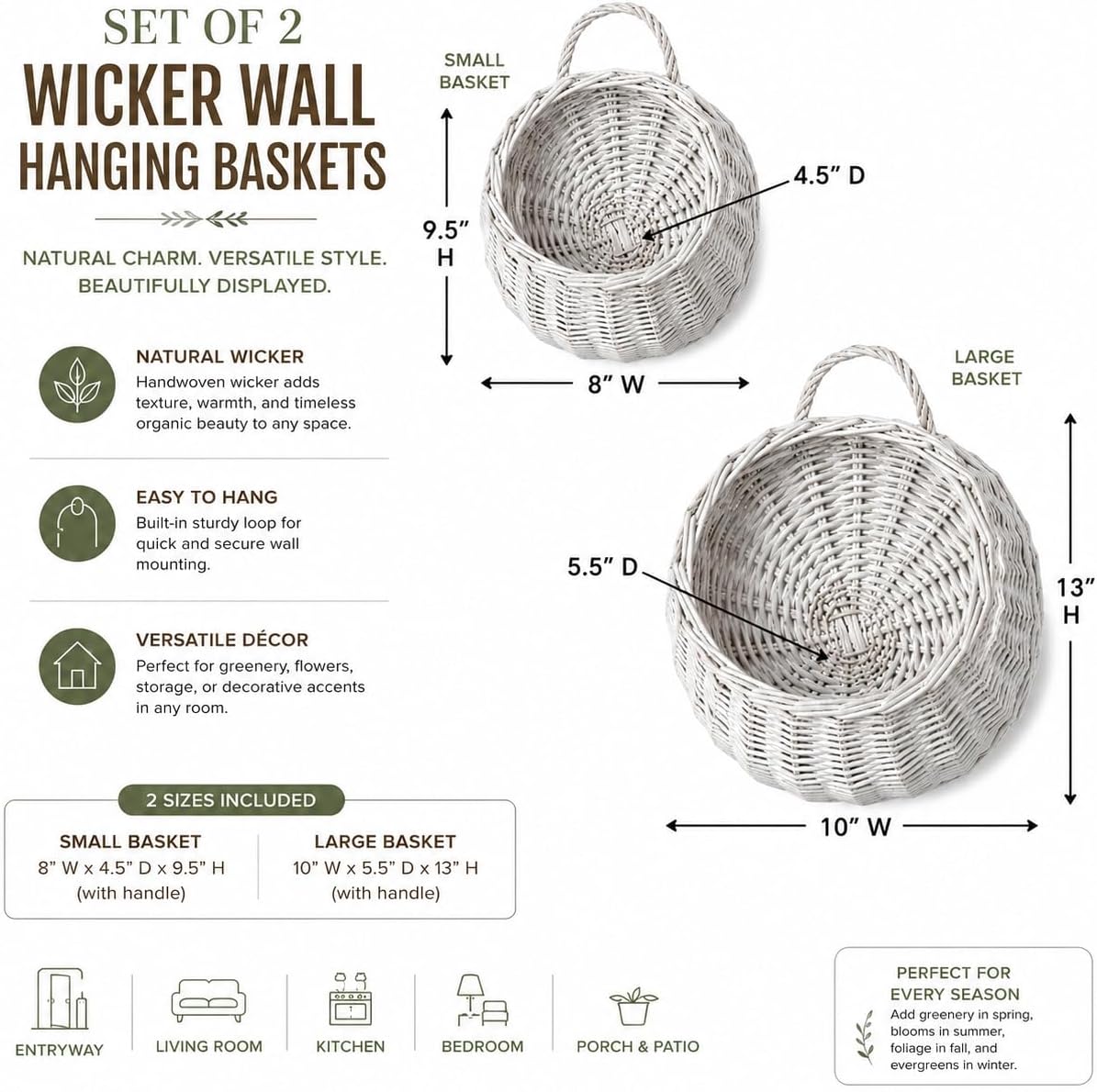 Surroundings 13" Woven Handled Wall Basket / Natural / Set of 2