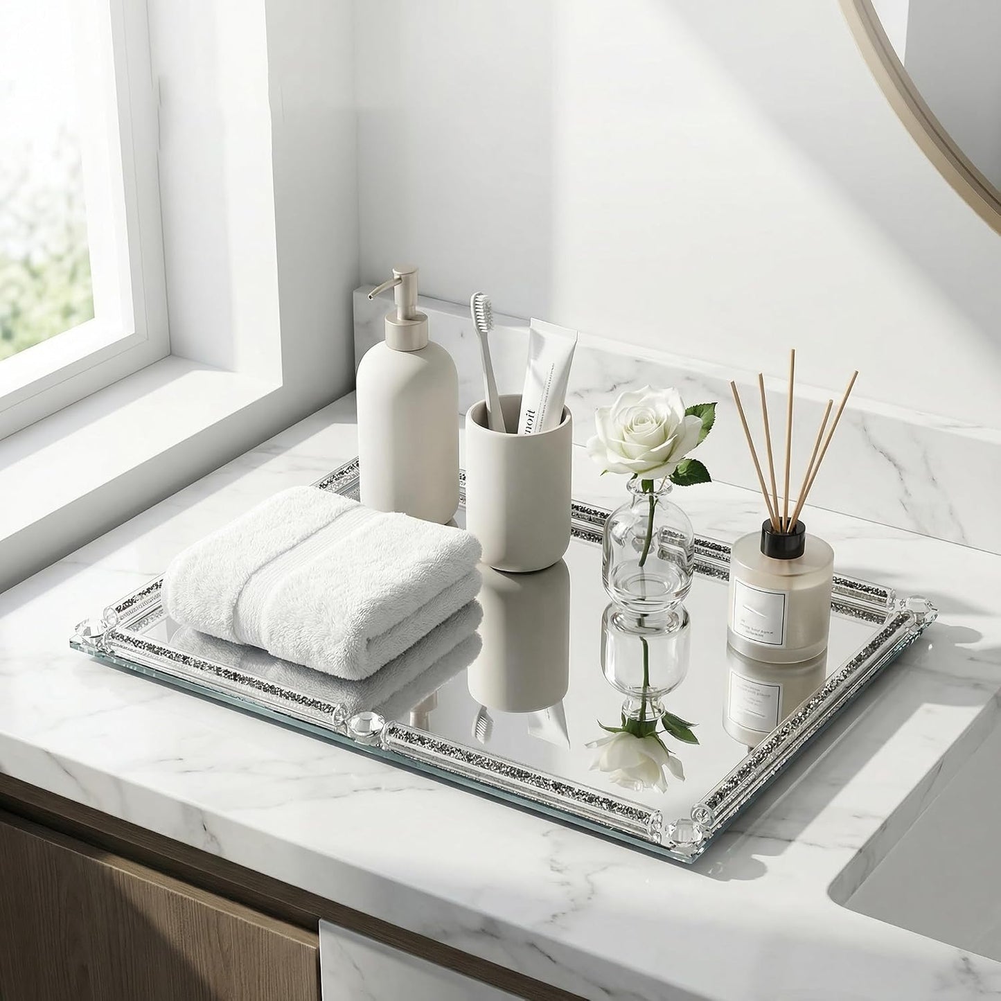 Crushed Diamond Filled Glass Vanity Tray / Black / 15.7 x 11.8 x 1.4