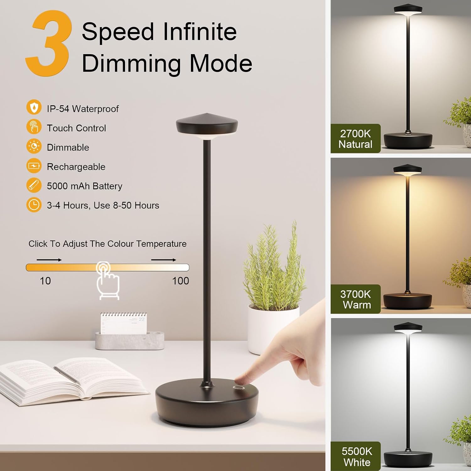 Cordless LED Portable Table Lamp,5000mAh Rechargeable Battery | Touch Control 3-Level Brightness with Memory Function