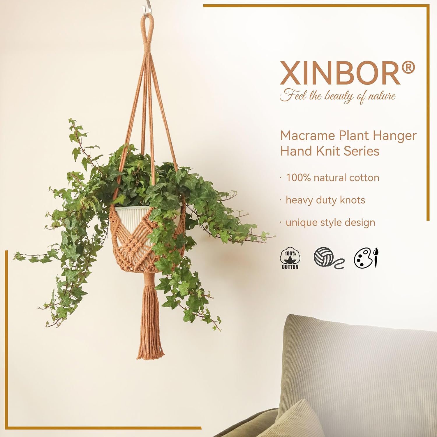 Boho Hanging Planters / Caramel Hanger / 10 Inch / Set of 8