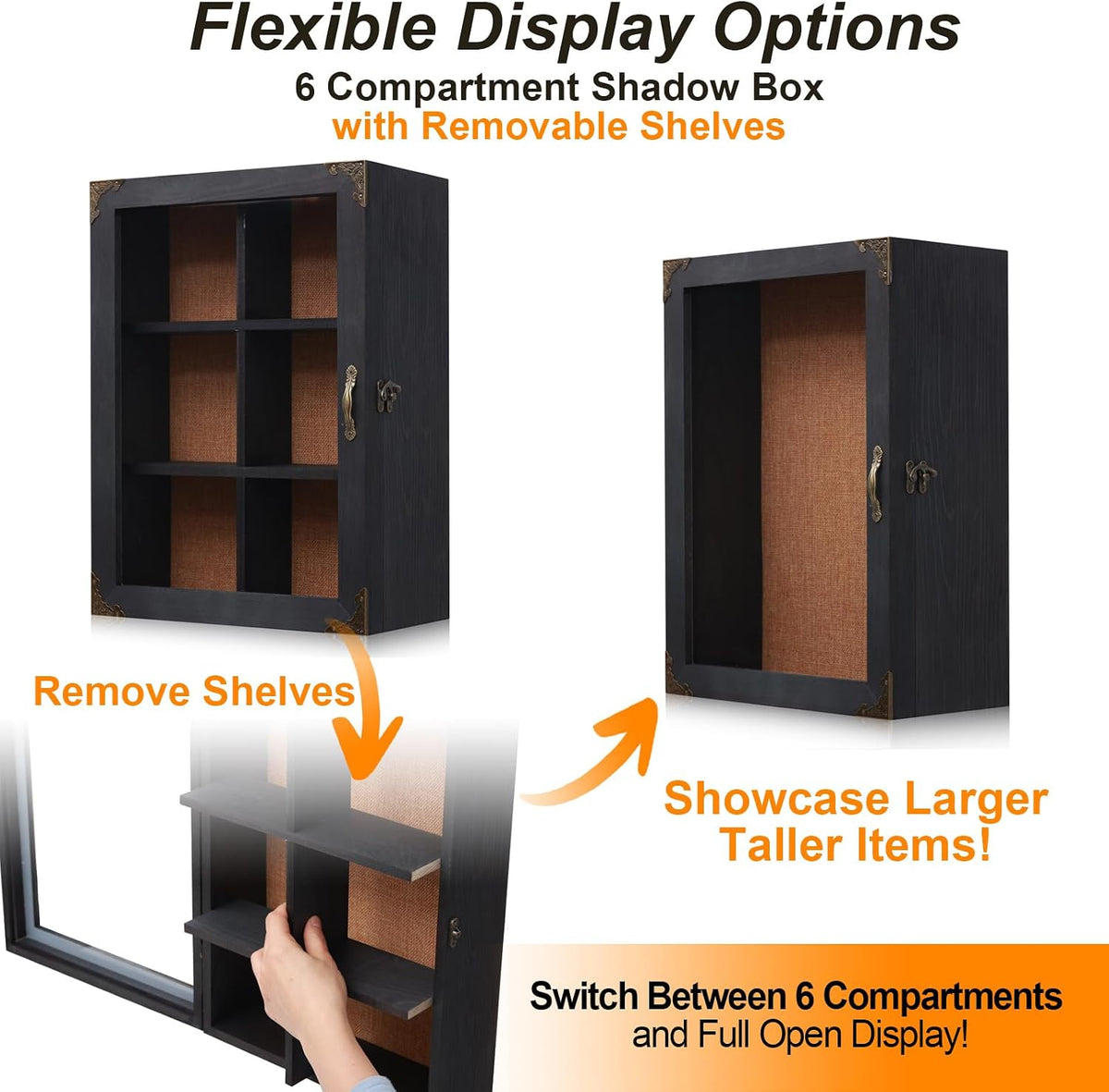 Shadow Box Frame 12x16, 4.7-inch Depth, Black Solid Wood Shadow Box Display Case with Removable 6-Grid Shelves, Vintage