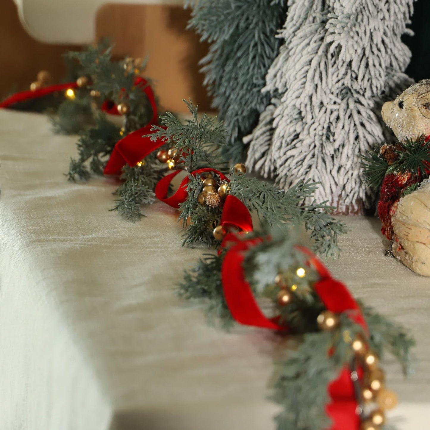 MIYA LIFE Evergreen Pine String Lights & Gold Berry 6.5FT & 25LEDs Lush Christmas Garland with Lights Battery Operated