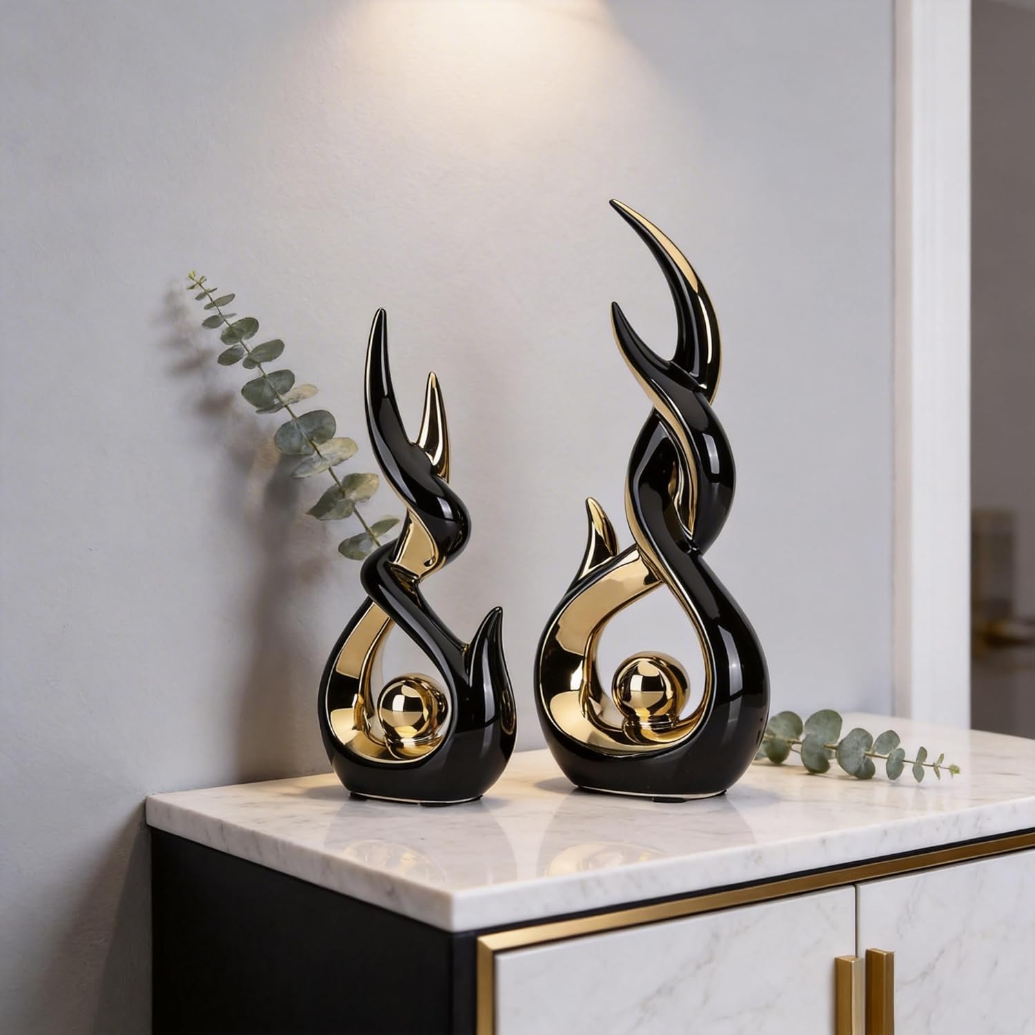 Gold Ceramic Abstract Sculpture / Bg / Black / Set of 2