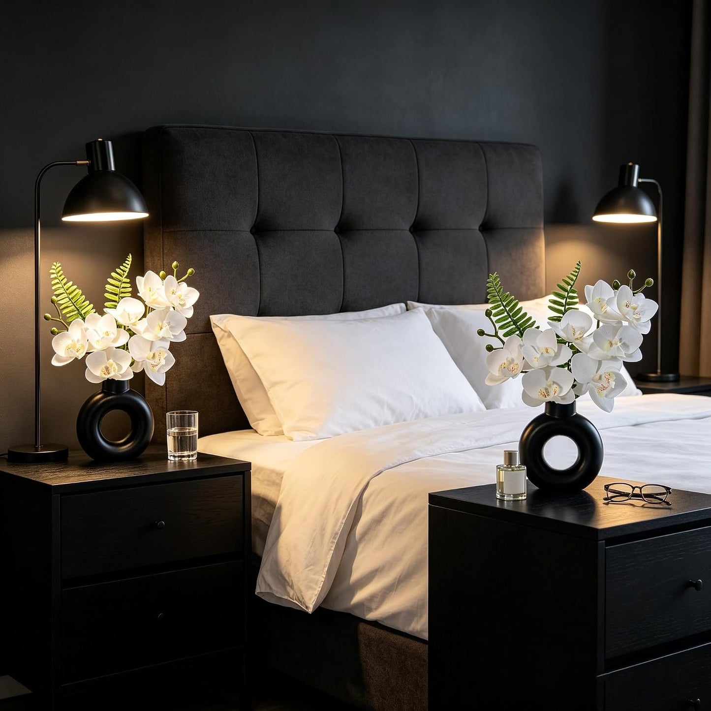 Artificial White Orchids in Black / 2pot White Orchid with Black Ceramic Vase / 10 Inch / Set of 2