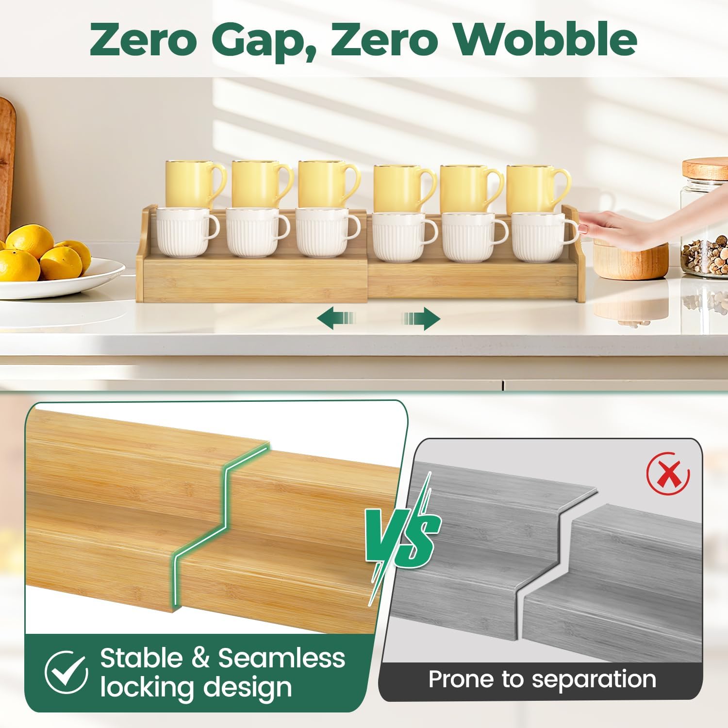 EsLuker.ly Coffee Mug Cup Holder Rack for Cabinets Countertop, Bamboo | 2 Tier Expandable Mug Storage Organizer Coffee