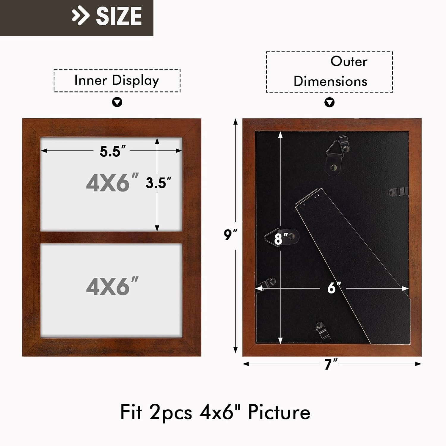 Golden State Art, 4x6 Double Picture Frame, Displays Two 4x6 Photos(Brown) | Solid Wood- Real Glass For Tabletop Or