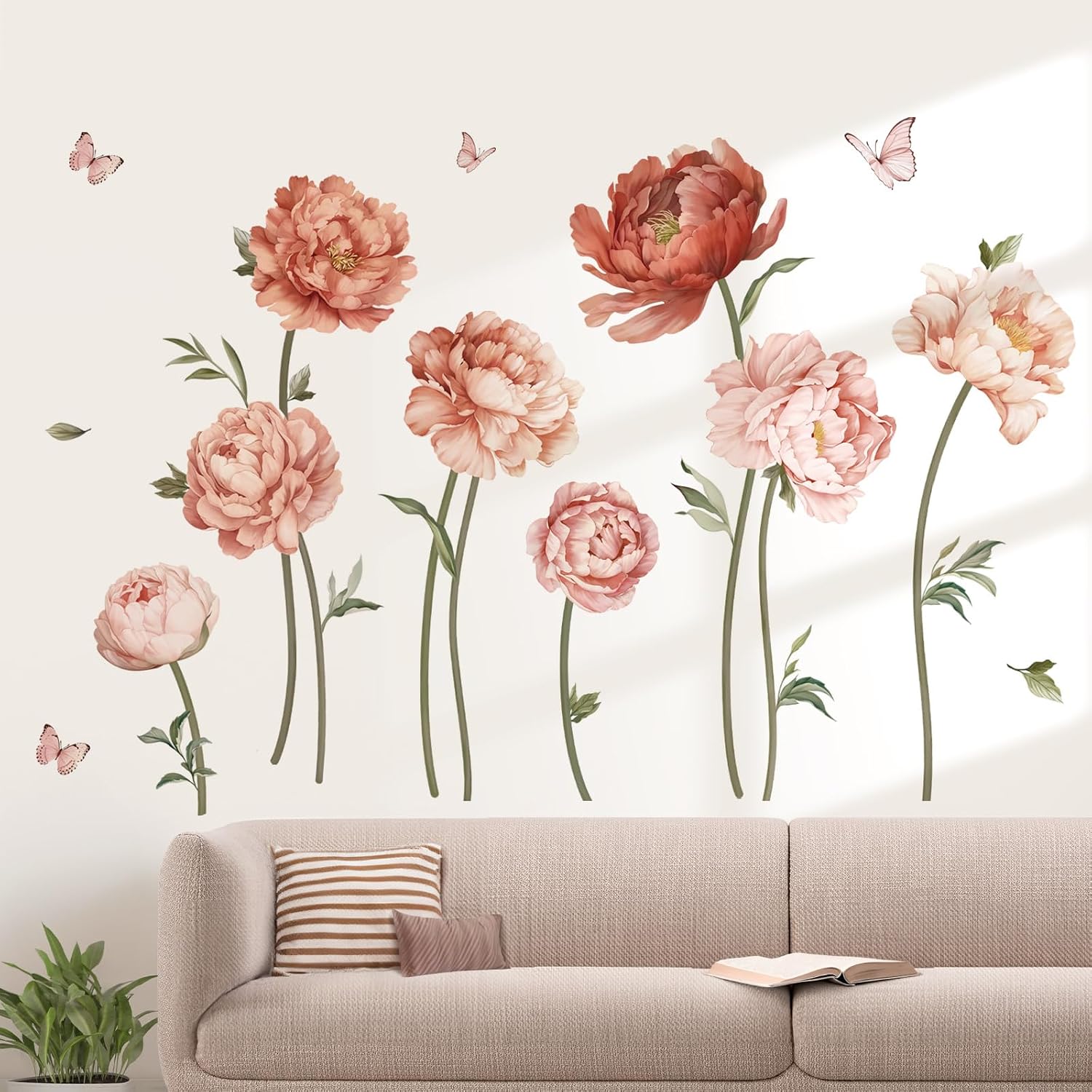 Peony Rose Flower Wall Stickers Boho Floral Peel and Stick Wall Art Decals for Girls Bedroom / Pink