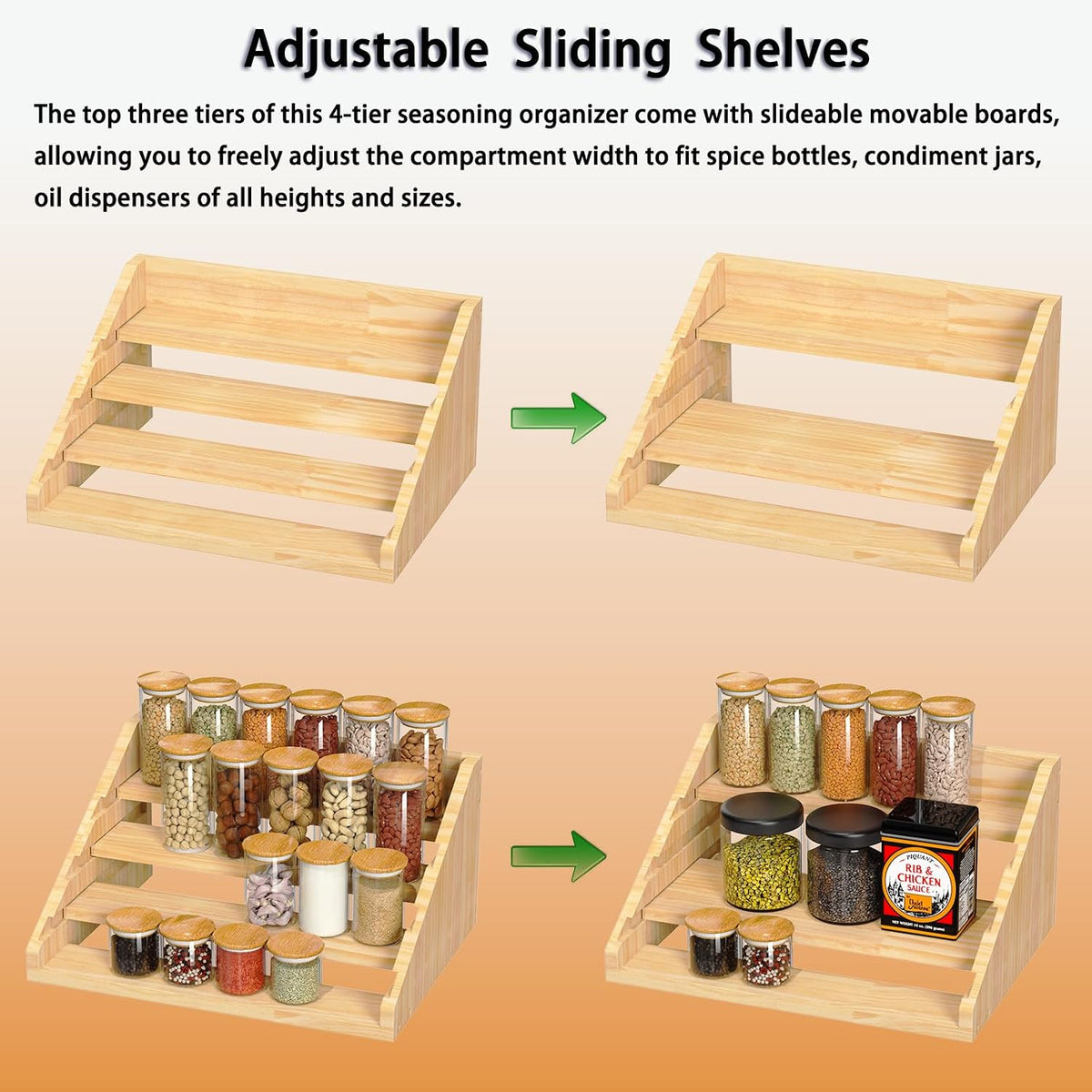 Solid Wood Spice Rack Organizer for Countertop & Cabinet, 4 Tier Adjustable Wooden Spice Shelf with Sliding Track