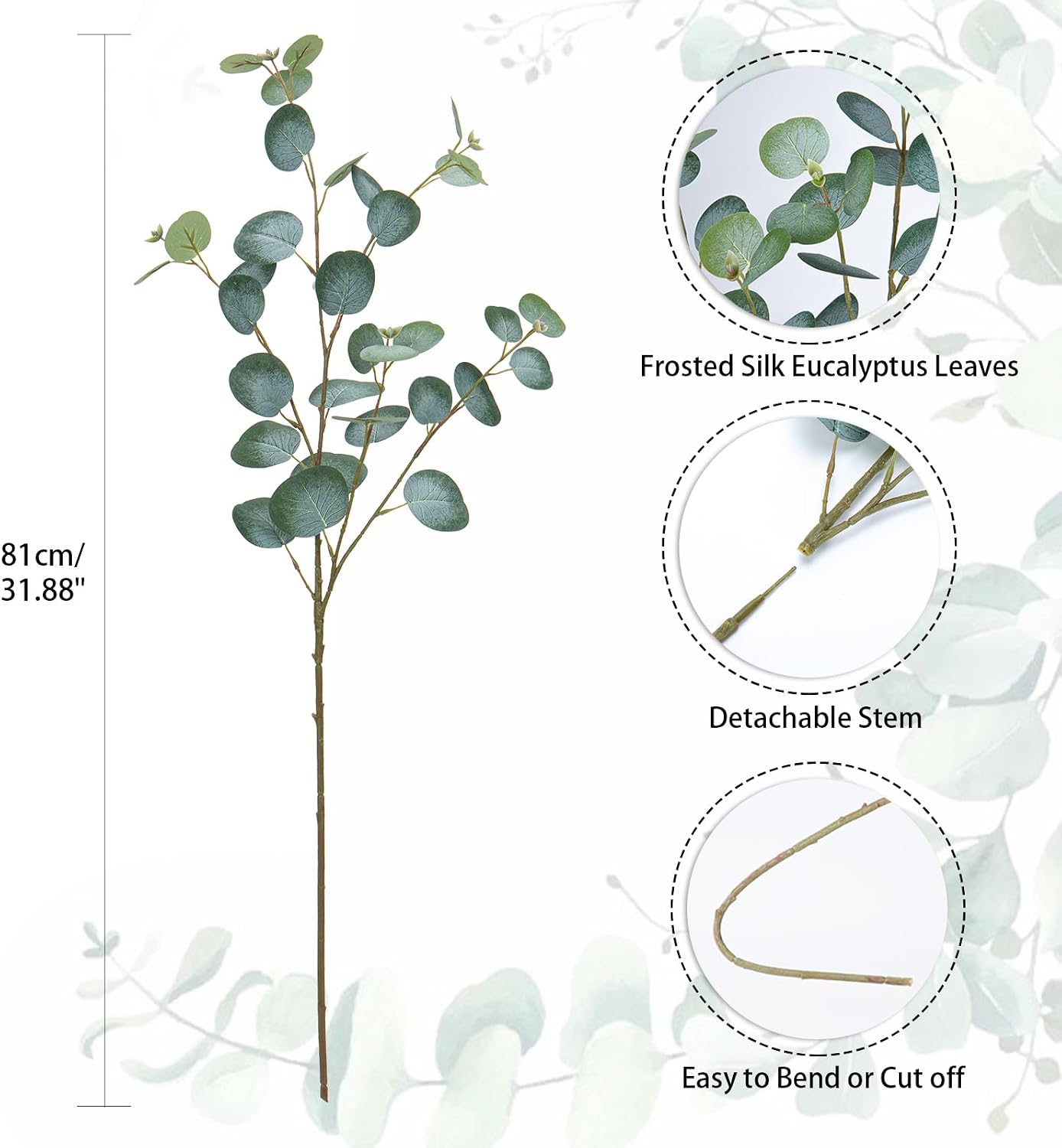 Artificial Eucalyptus Stems Long Faux Eucalyptus Branches Fake / Green / 31 Inch / Set of 3