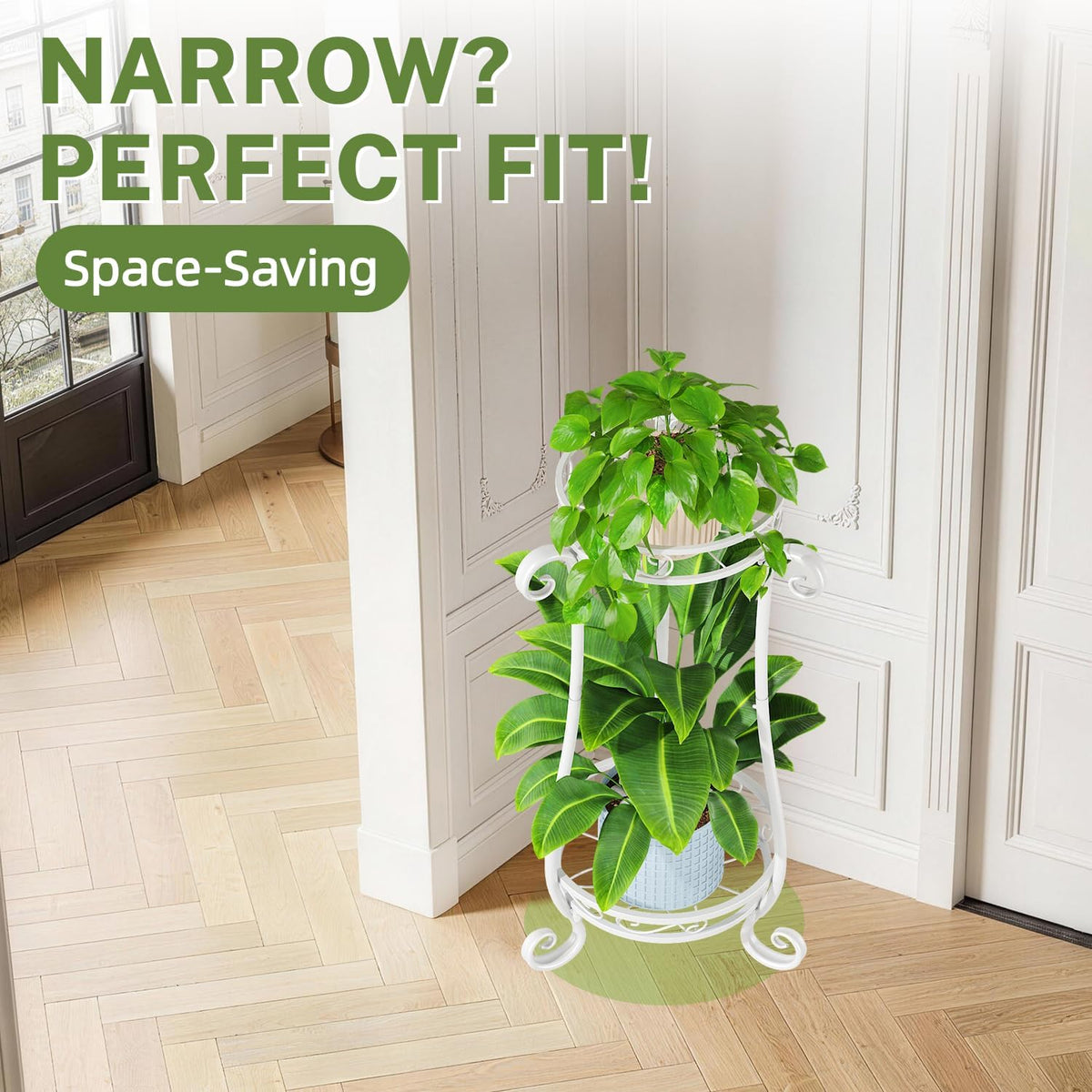 iDavosic.ly 2 Tier Tall Metal Plant Stand Outdoor Indoor, 27 Inch, White | Corner Flower Pot Holder Shelf, Wrought Iron