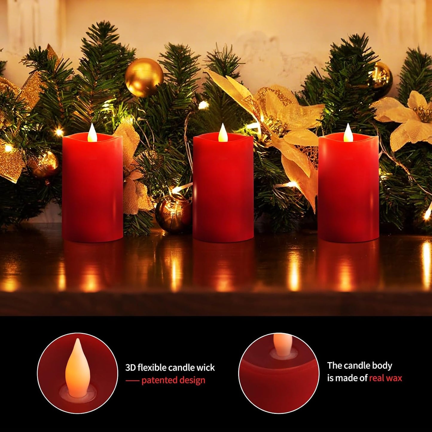 3x5 Flickering Flameless Candles Set of 3, 2AA Battery Life 600 Hours Battery Candles Flickering with Timer,5 inch