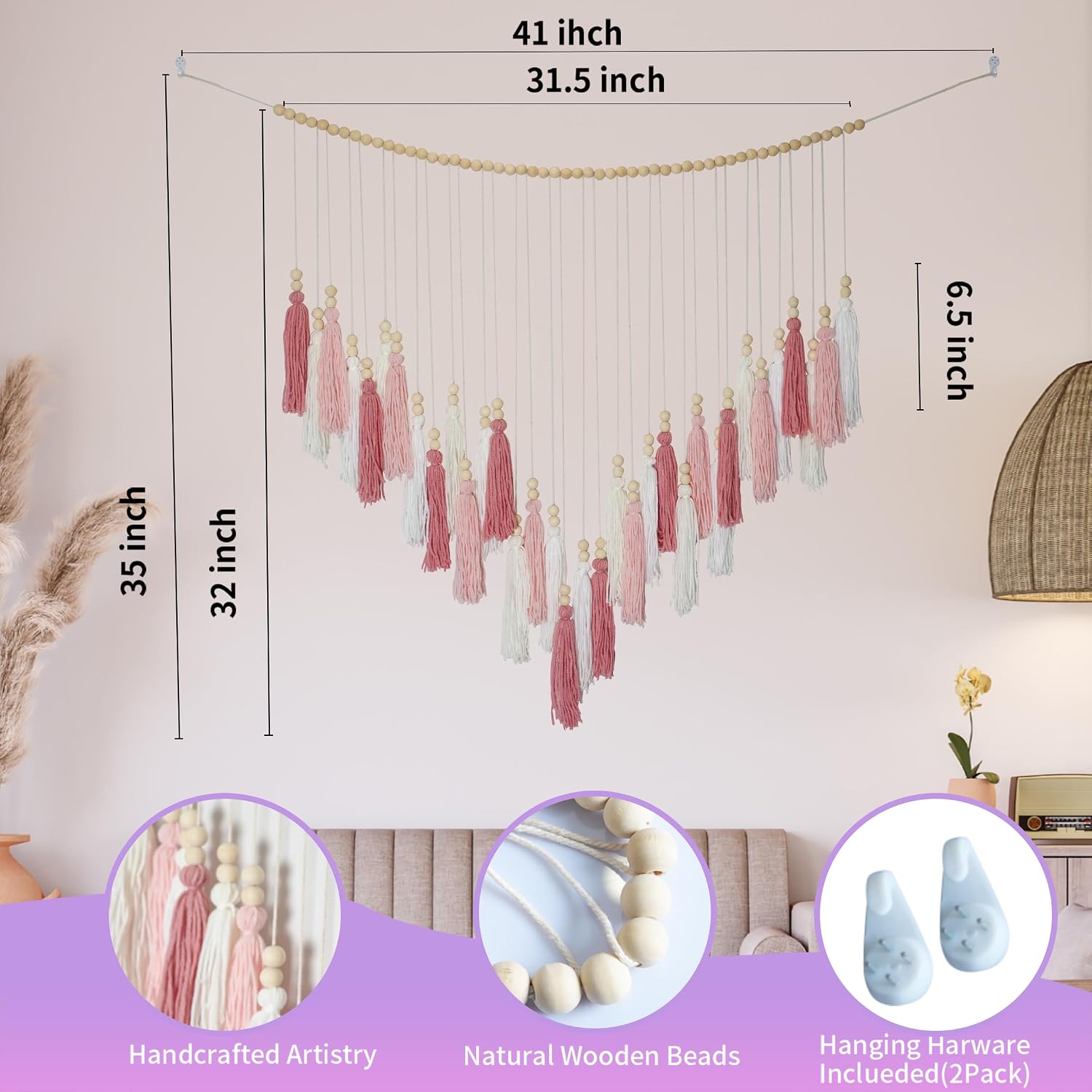 Pink&White Large Macrame Wall Haning Boho Decor / Blush Pink, Lights Pink, White