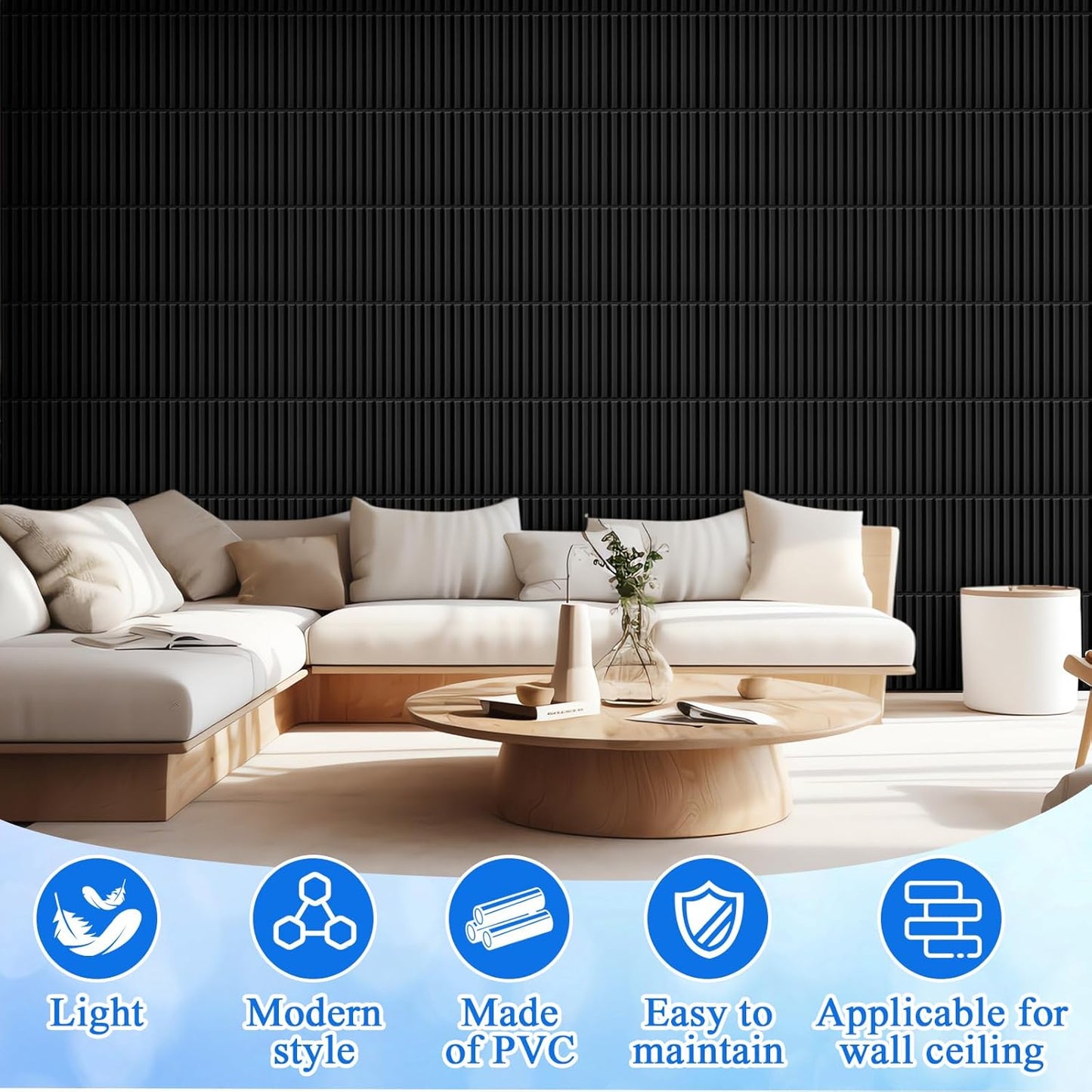 Nuanchu 32 Pcs 3D Wall Panels, 12"x12" PVC Fluted Tiles, Black | Waterproof Accent Panels, Paintable Wall Tiles, for TV