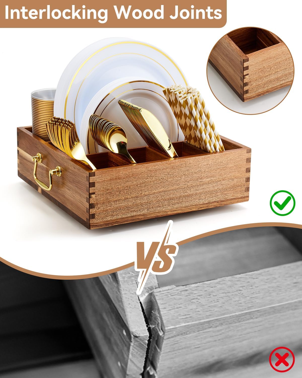 Rotating Acacia Wood Utensil Caddy with Handles, 7 Compartments for Paper Plates, Silverware and Straws, Perfect for
