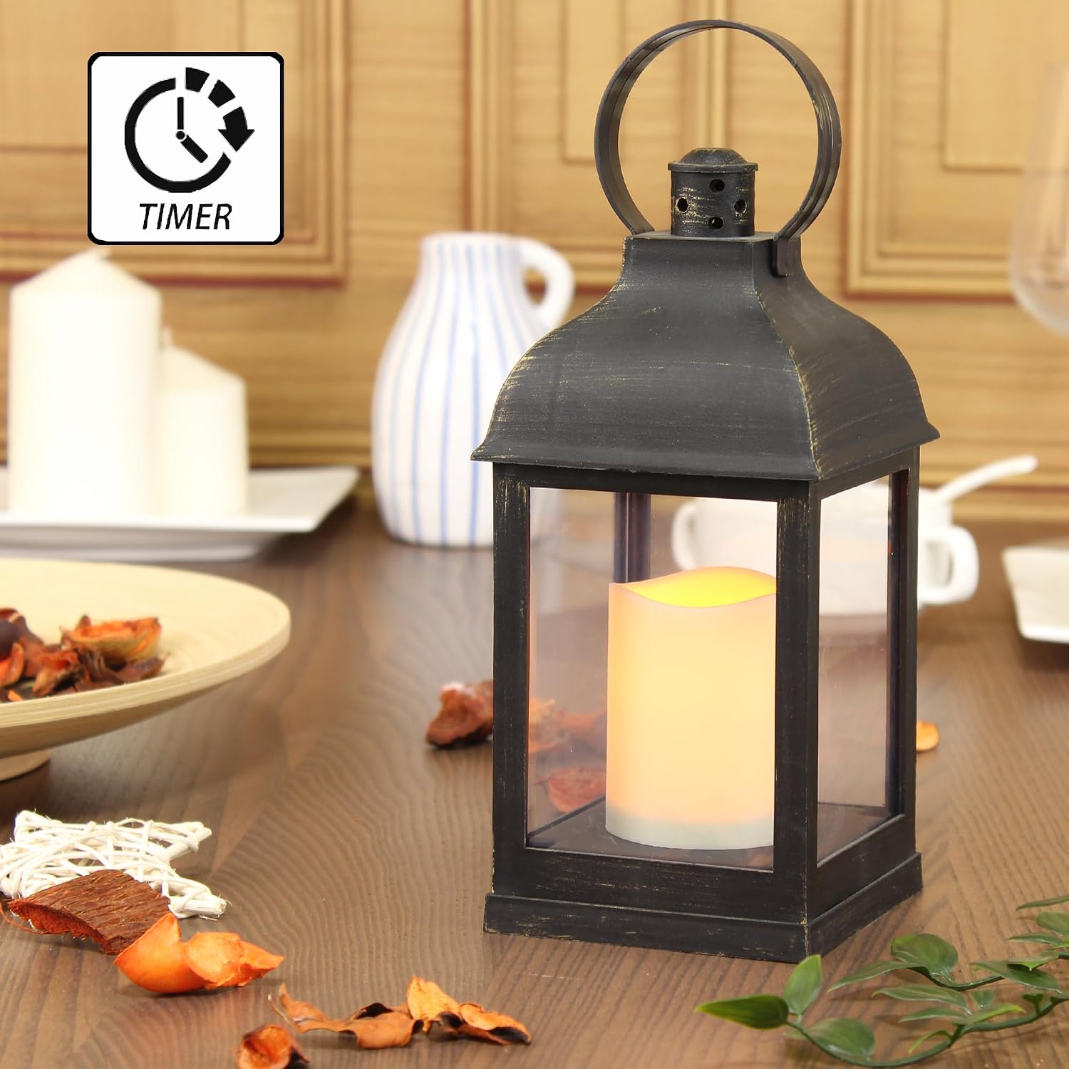 WRalwaysLX 2pack Decorative Lantern with flameless LED Candle Light, ON/Off/Timer Candle with 6Hours, Outdoor/Indoor