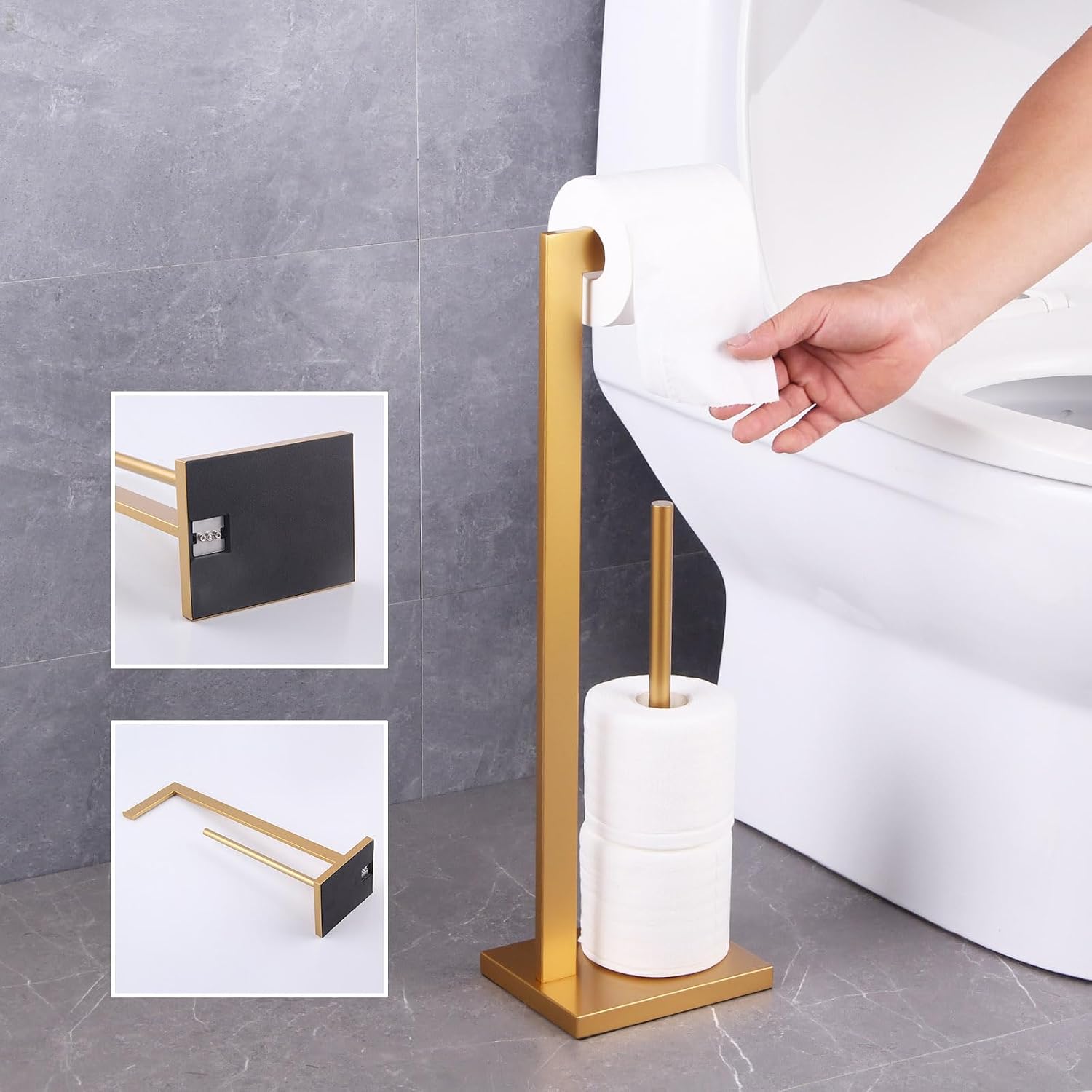 GERZWY Gold Toilet Paper Holder Free Standing with Reserve Stainless Steel Tissue Roll Holder Floor Stand Storage