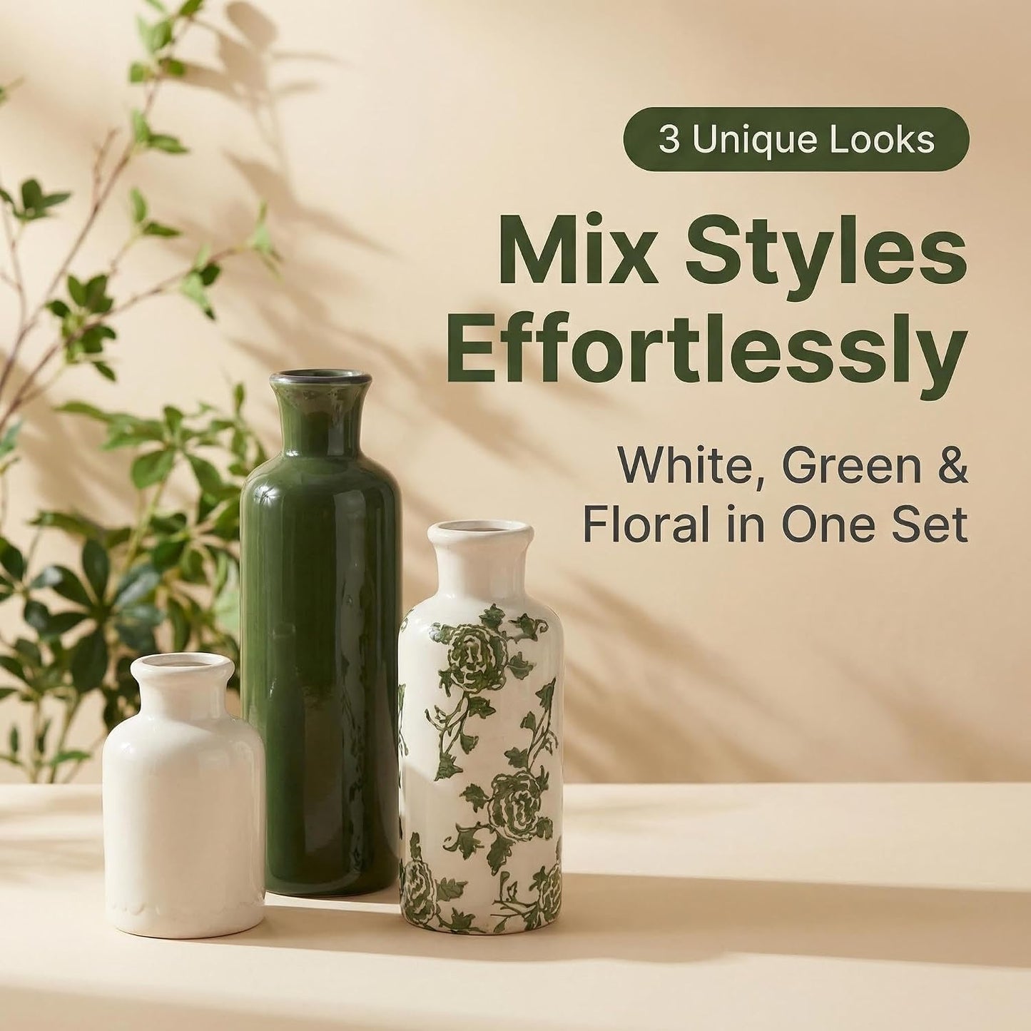 Ceramic Vintage Vase / Green White / Set of 3