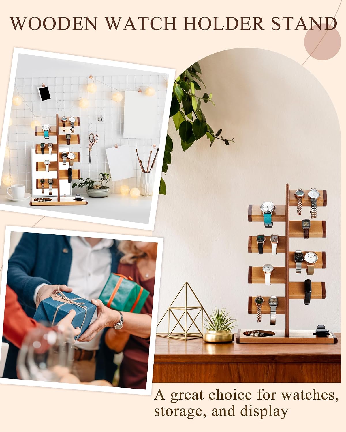 Vercraft Wooden Watch Stand Watch Display Holder Tower Wood Display Stand with Charging Station Jewelry Organizer for