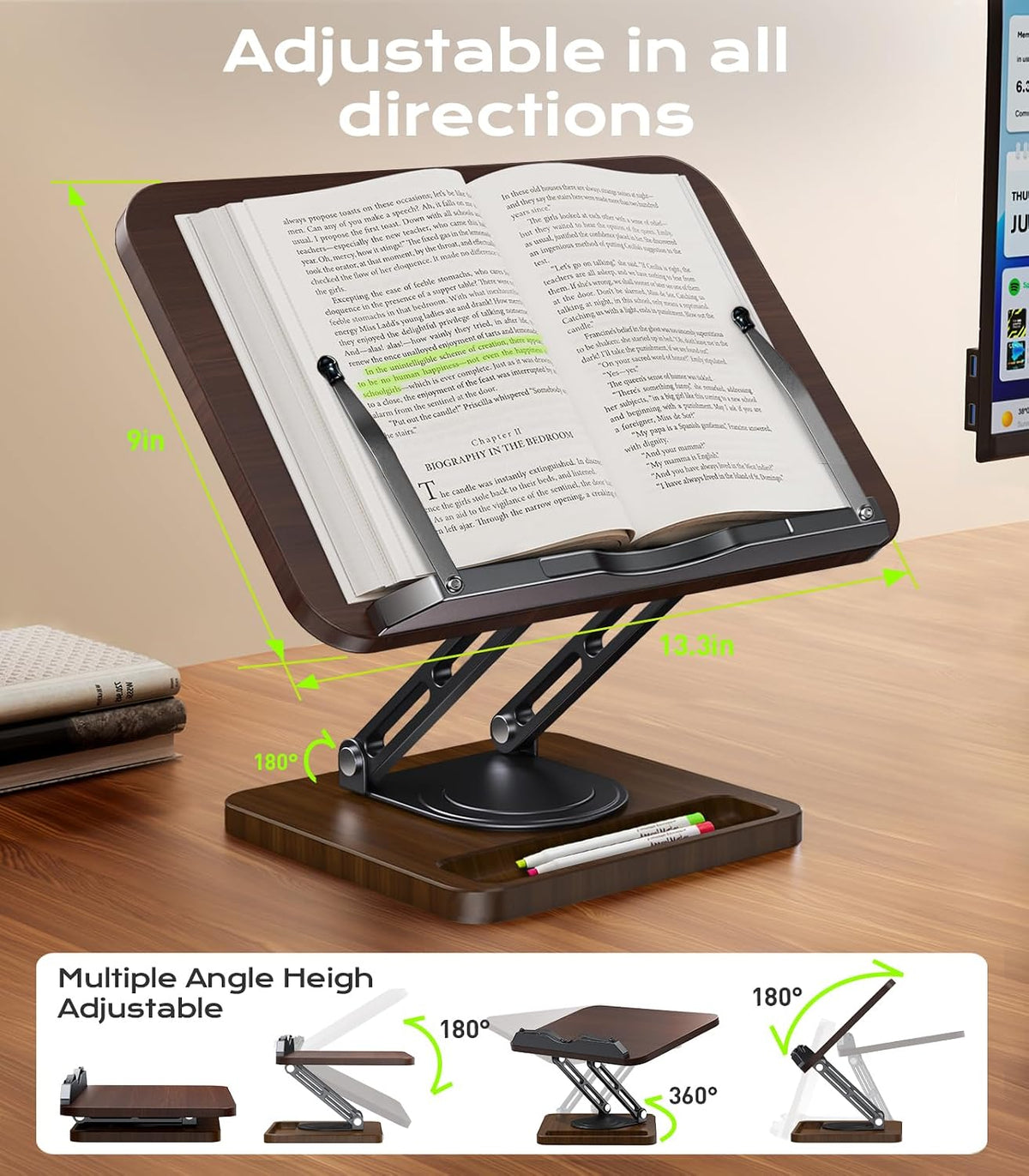 LOXP Ergonomic Book Stand for Reading, 360° Rotating Holder with Page Clip | Adjustable height angle, Storage Base