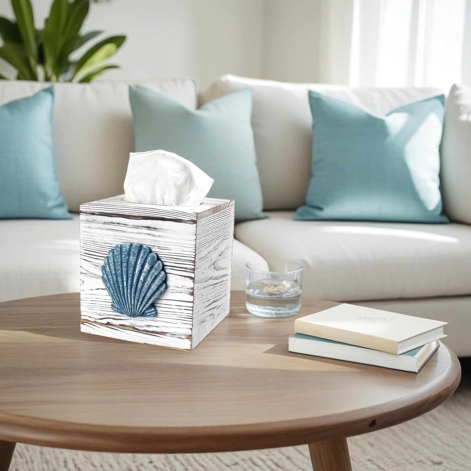 Coastal Tissue Box Cover Wooden Retro / Seashell