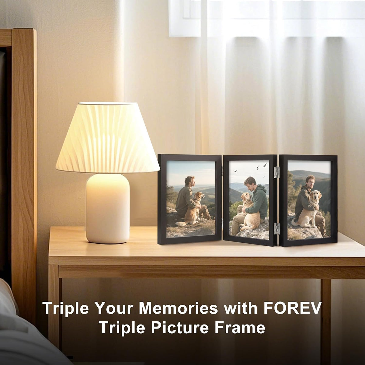 TOFOREVO 4x6 3 Picture Frame Triple Wooden Hinged Photo Frame Definition Glass Stand Vertically on Desktop or Tabletop