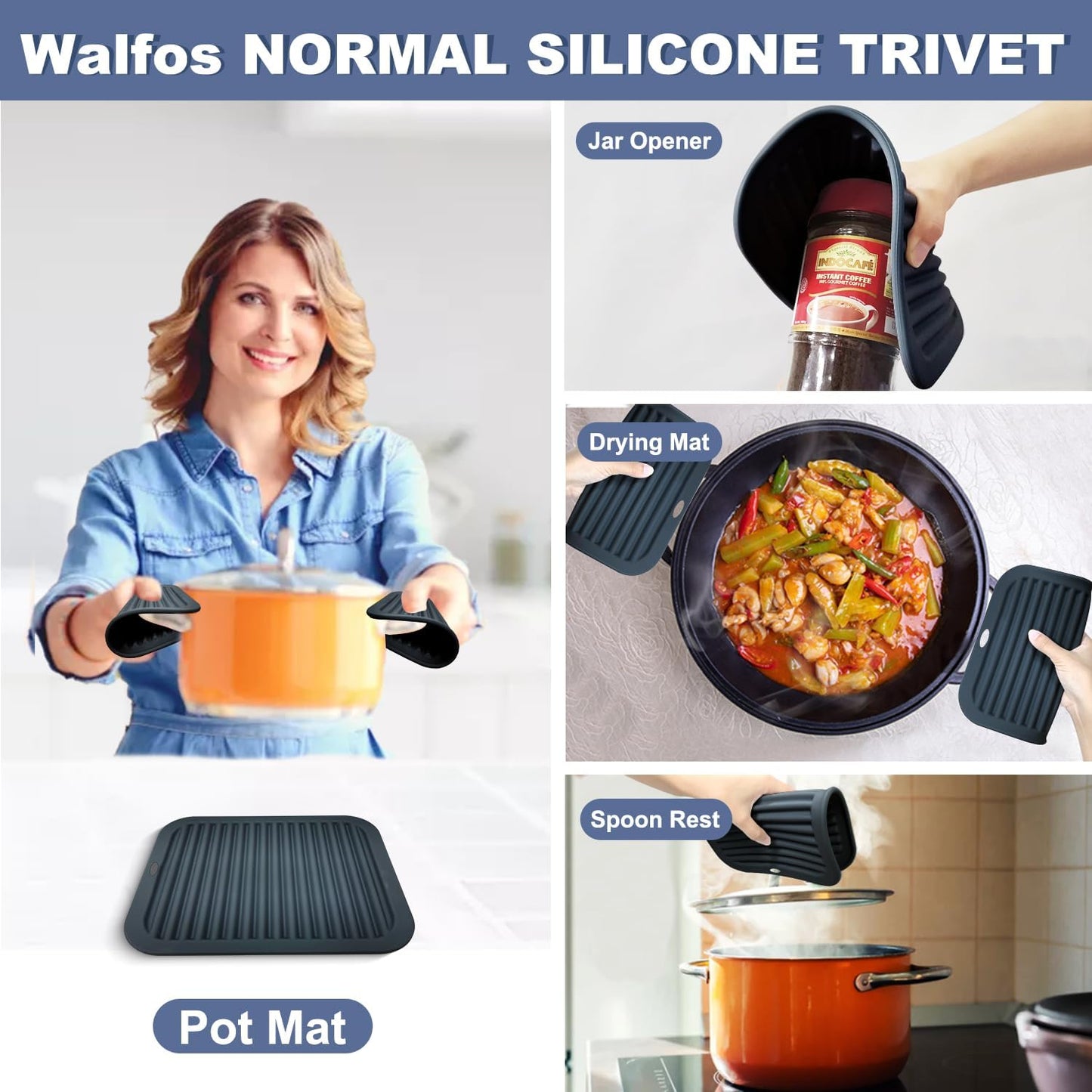 Walfos XXL Silicone Trivet 16 Inch and Trivets Mats 12 Inch, Trivets for Hot Pots and Pans, Heat Resistant Pot Holders