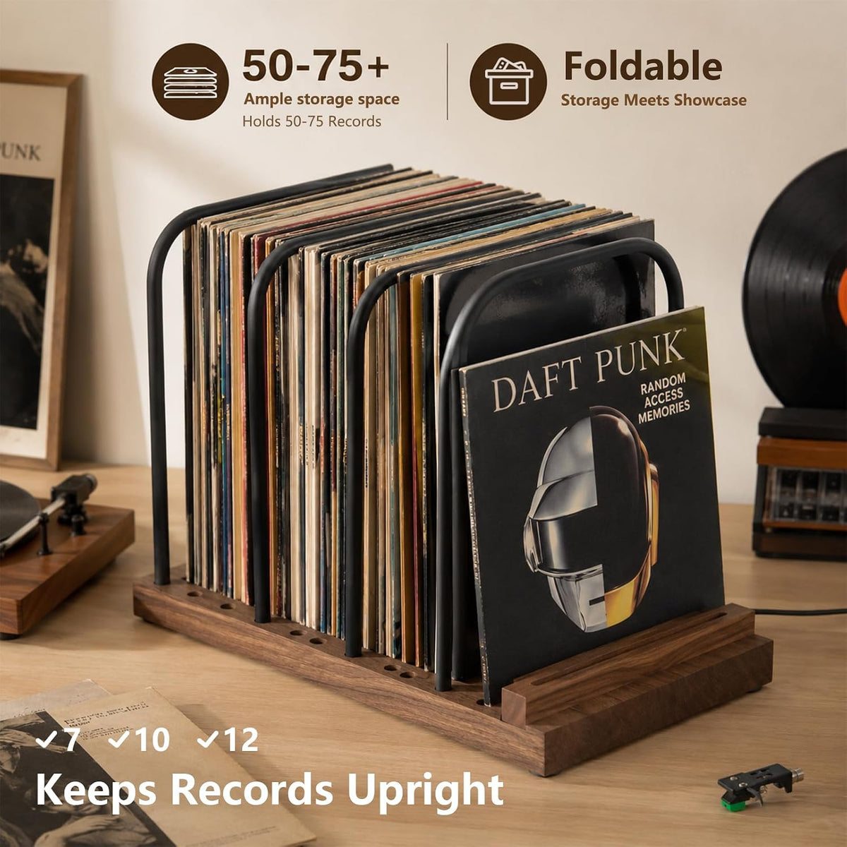 ZEDKEHO Vinyl Record Storage Holder for 50-75 LPs, Wood | Now Playing Vinyl Record Stand with LED Light,Wood Album