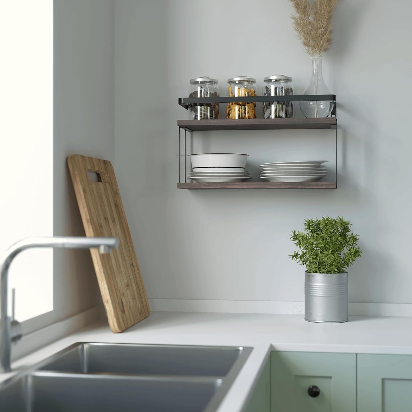RICHER HOUSE Floating Shelves Bathroom, Wall Mounted Shelf Over Toilet | Dual-Level, with Metal Guard-Rail, Organizers