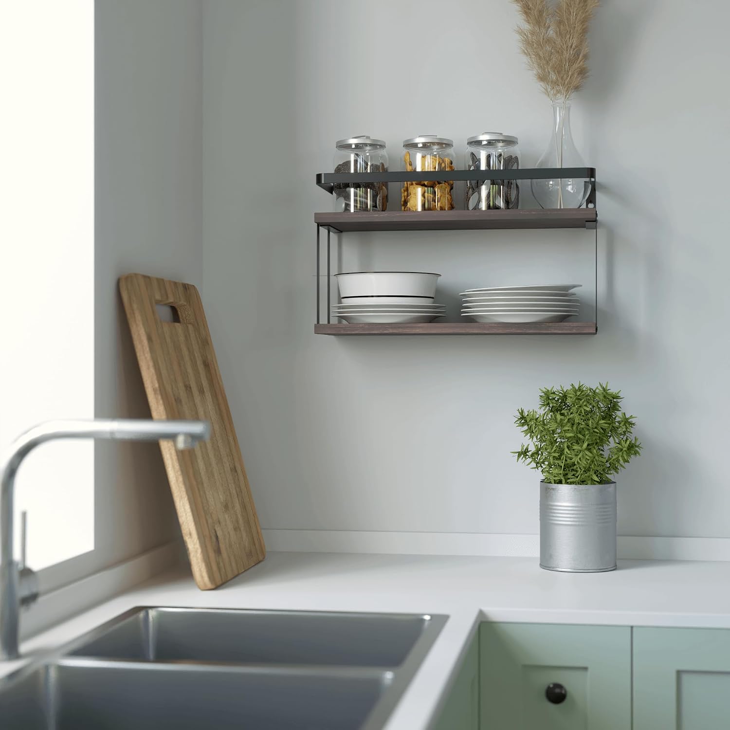 RICHER HOUSE Floating Shelves Bathroom, Wall Mounted Shelf Over Toilet | Dual-Level, with Metal Guard-Rail, Organizers