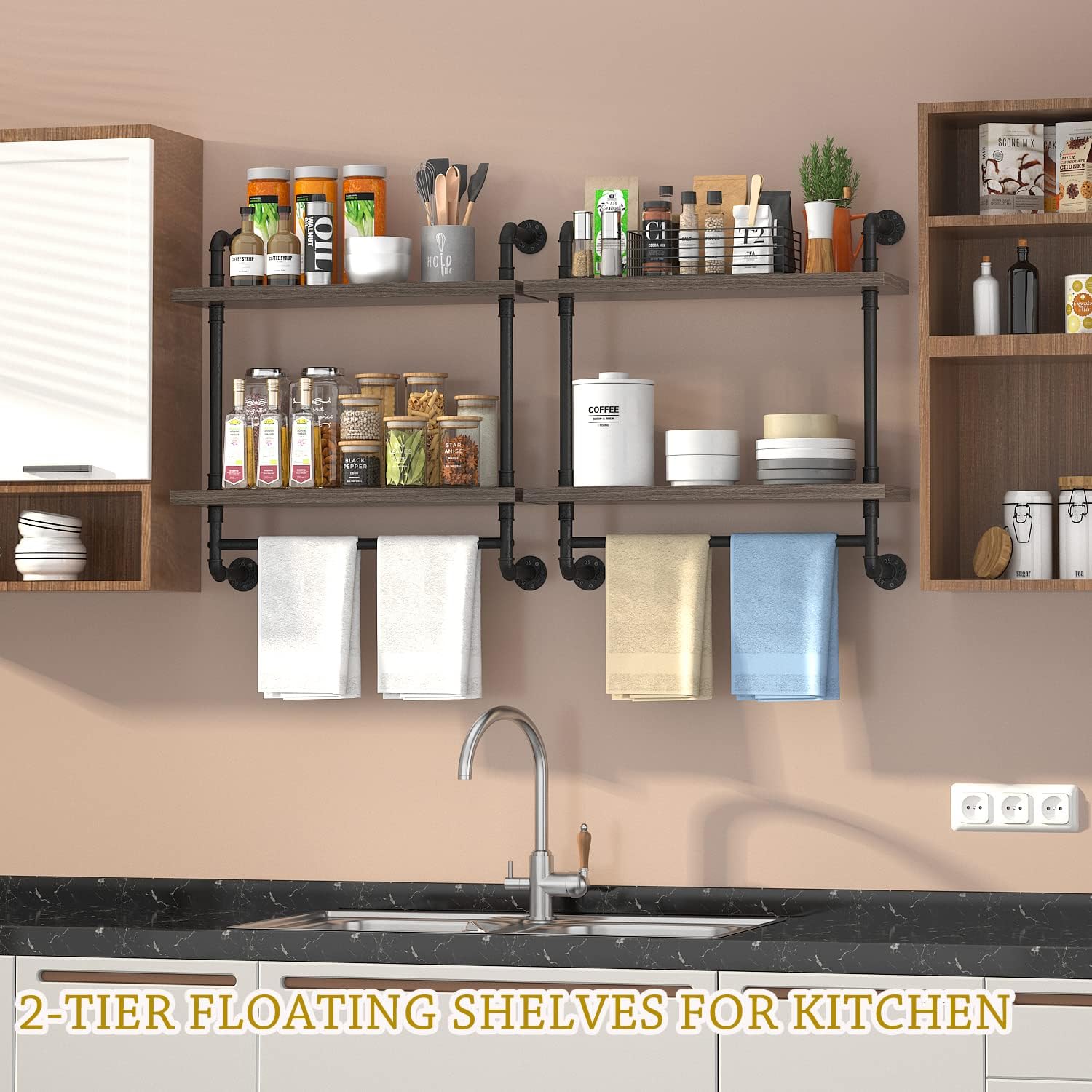 Helsin 2 Tier Wood Floating Shelves Towel Rack, Industrial Pipe Bathroom Shelves Wall Mounted with Towel bar, Wall