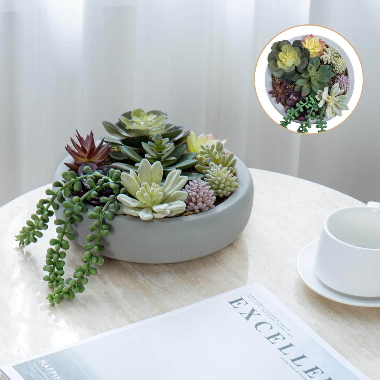 Round Modern Artificial Succulent Arrangement Potted in Gray Concrete Plant Bowl / Grey / 8 Inch