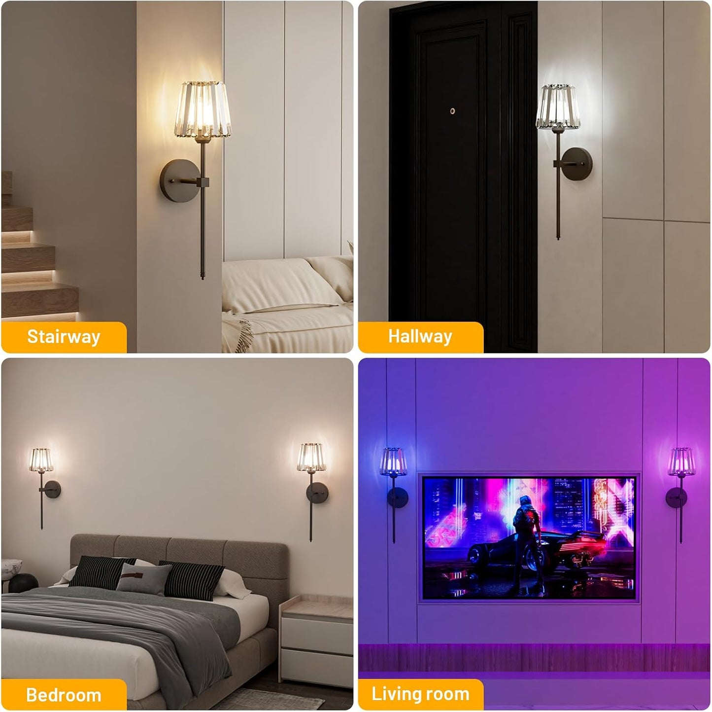 Crystal Battery Operated Wall Sconces Set of 2, Black Rechargeable Wireless Wall Sconce Lights with Crystal Lampshade