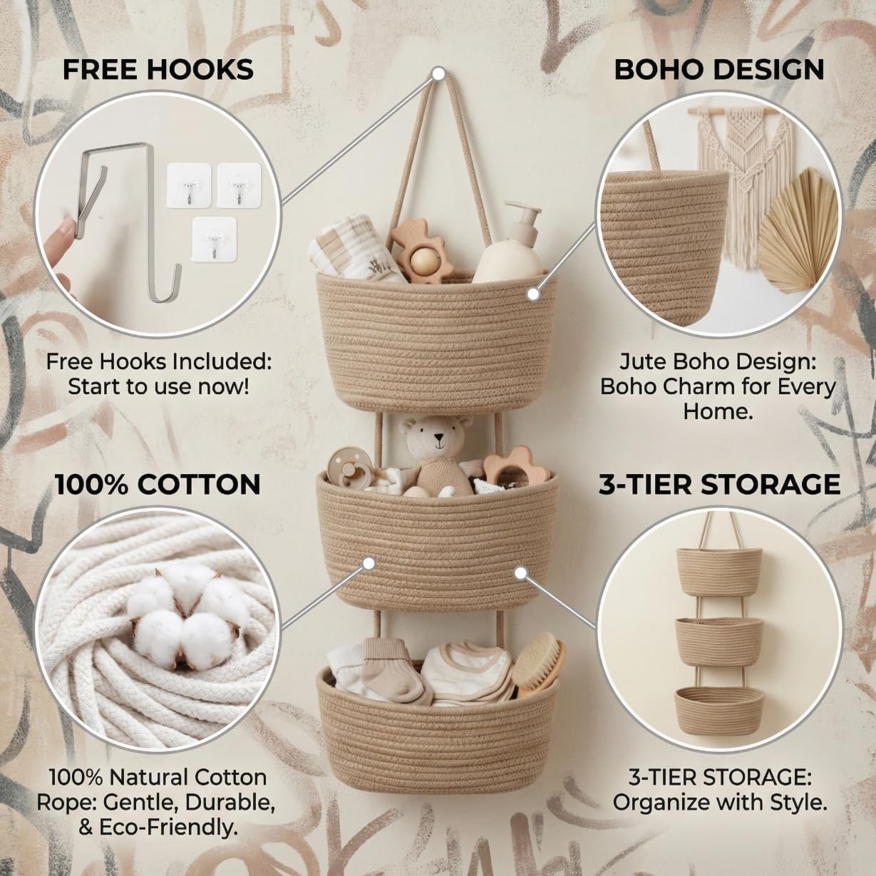 Hooks / Hanging Wall Basket / Jute