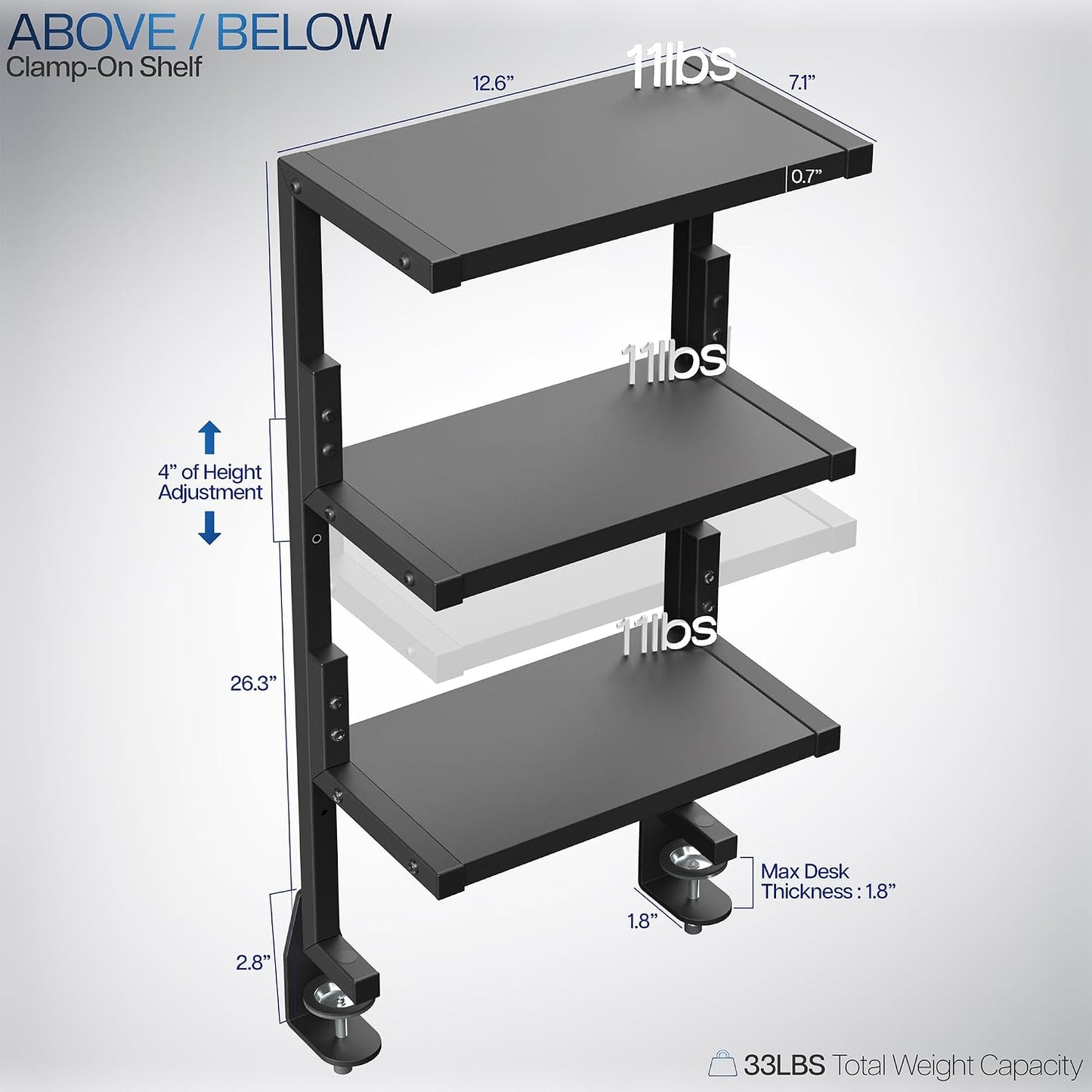 VIVO Clamp-on 13 inch Above or Below Desk 3-Tier Shelving Unit for Table Accessories, Gaming Devices, and More, Storage