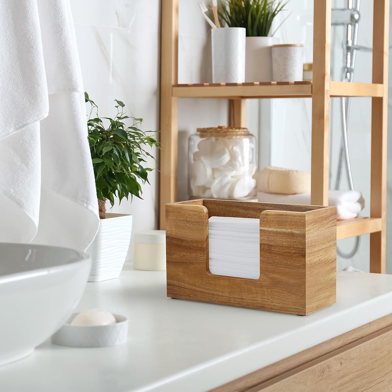 Paper Towel Dispenser Countertop, Acacia Wood Bathroom Paper Towel Holder, Napkin Holder for Kitchen, Multifold C-Fold