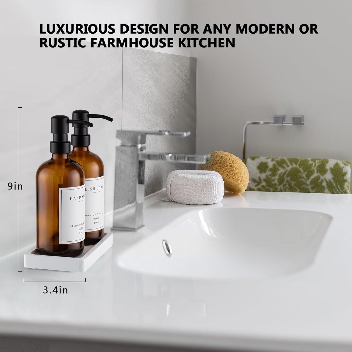 Thick Glass Soap Dispenser - Kitchen Dish Hand Soap Dispenser Set, Rustproof Pump Soap Lotion Dispenser Bathroom with