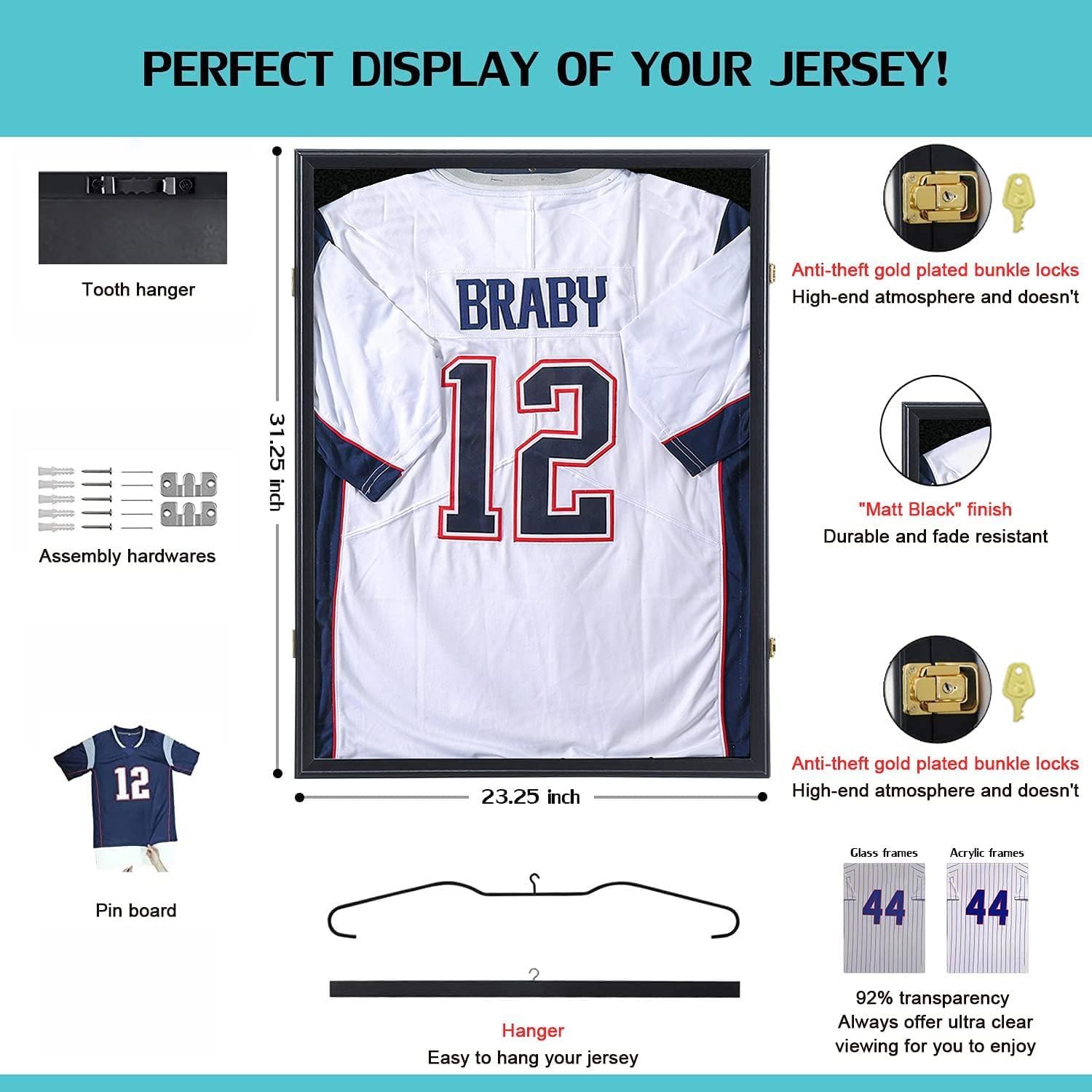 KCRasan Jersey Display Frame Case - Large Lockable Frames Shadow Box | UV Protection for Baseball Basketball Football