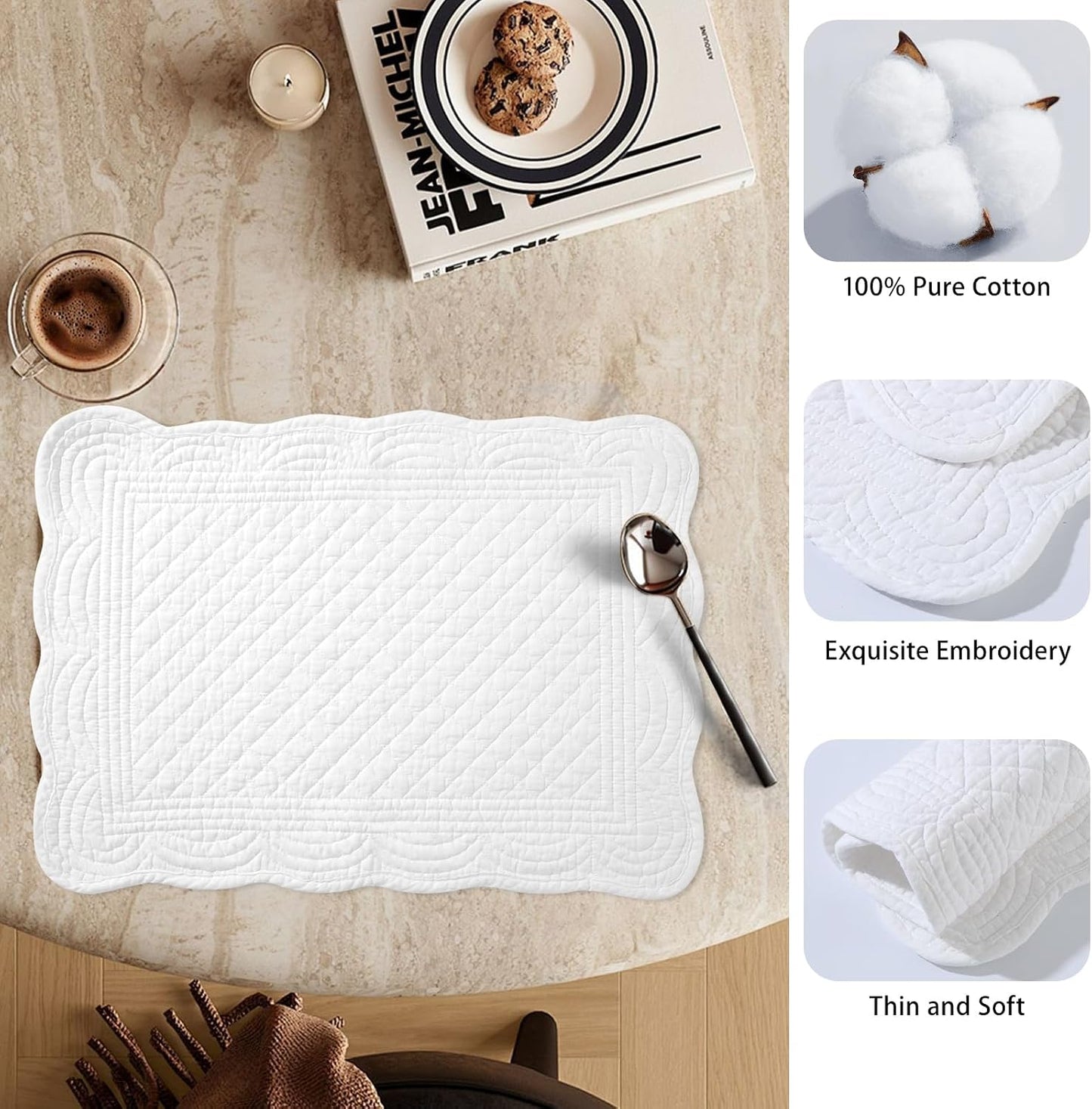 6 PC Quilted Placemats, 18"X13"Extra Large Cotton Placemats Set of 6, 100% Cotton Fabric Washable Cloth Table Mats for