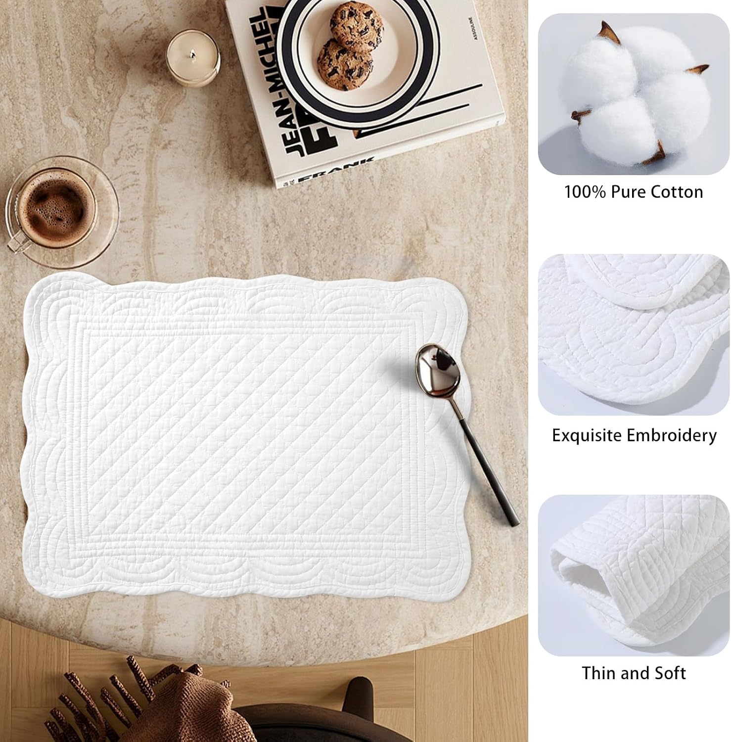 6 PC Quilted Placemats, 18"X13"Extra Large Cotton Placemats Set of 6, 100% Cotton Fabric Washable Cloth Table Mats for