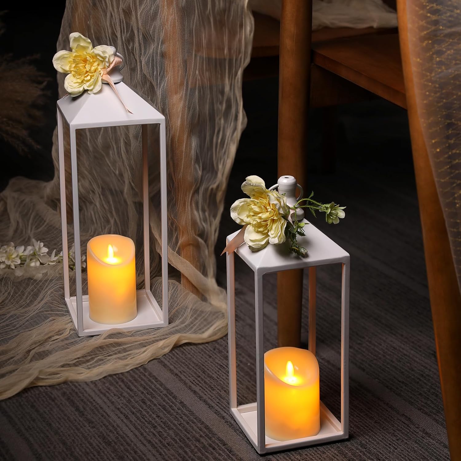 White Decorative Lantern Decor 17" 13" Set of 2 Wedding Lantern with Candle | White Candle Lanterns Decorative Modern