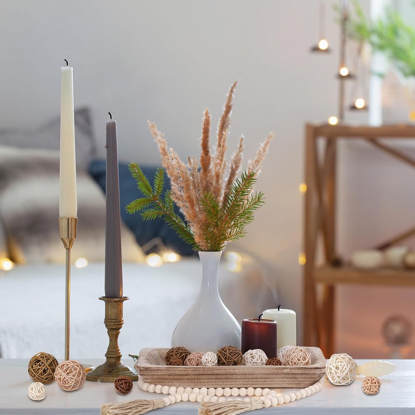 Wooden Centerpiece Table Decorations Wood Dough Bowl Wicker Rattan Balls Beads / White / Set of 17