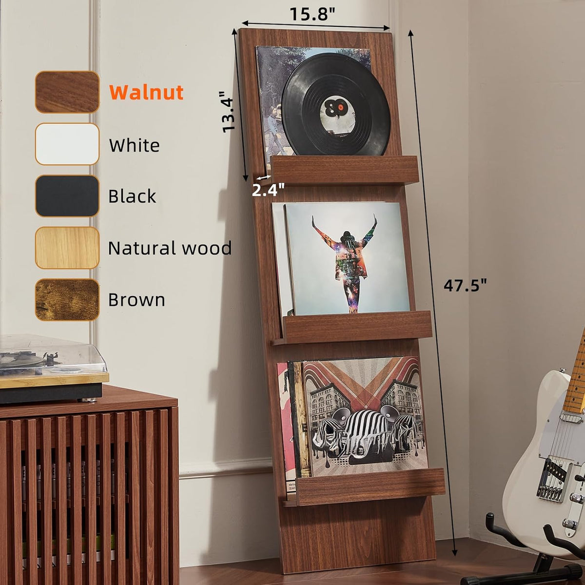 Wall-Leaning Vinyl Record Holder with 3 Tier Display Shelf, 47.5'' Tall Record Storage Magazine Holder, Vinlys Stand