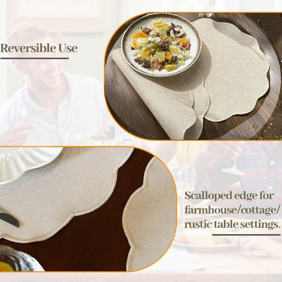 AHHFSMEI Round Faux Linen Placemats Set of 8 Heat Resistant Non-Slip Stain Proof Table Mats for Kitchen Dining Elegant
