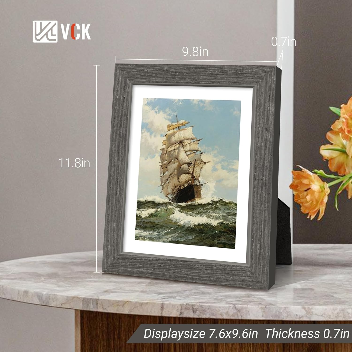 VCK 8x10 Picture Frame Grey 4 Pack, Wide Thick Wood Border, for Photo | Exclusive Woodgrain, Wall/Tabletop, HD