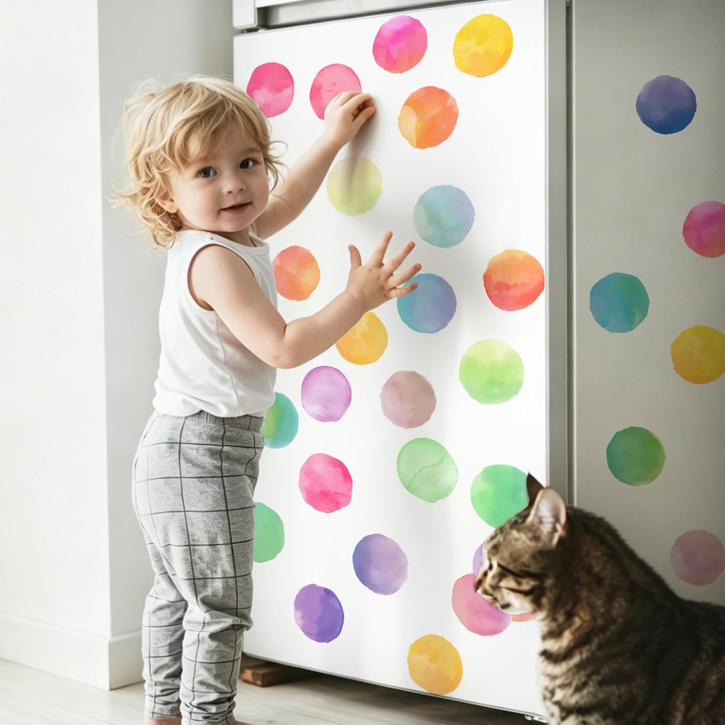 Rainbow Colored Removable Round Stickers / Boho Watercolor Polka Dot Wall Decals