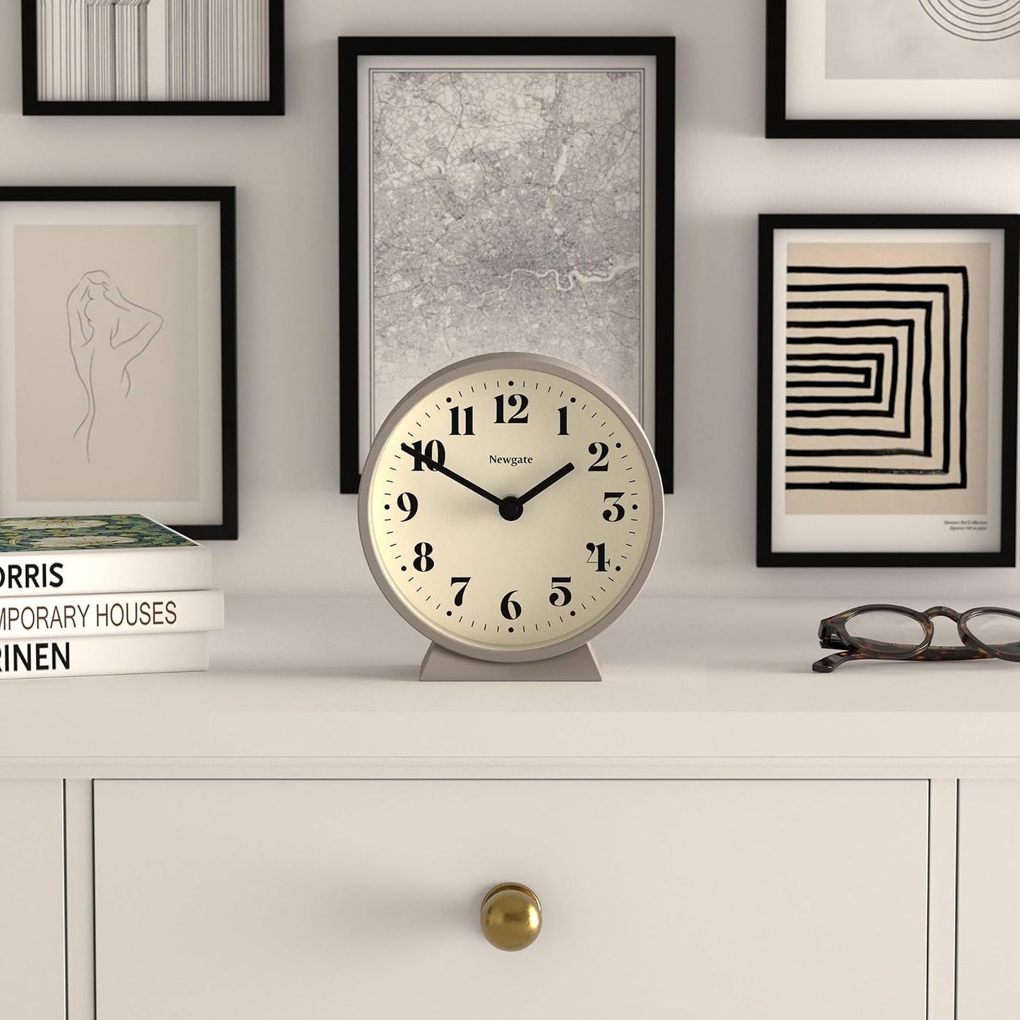 NEWGATE® Theatre Mantel Clock | Modern Classic Round Design | Stone | Contemporary Style for Desk, Table, Shelf or